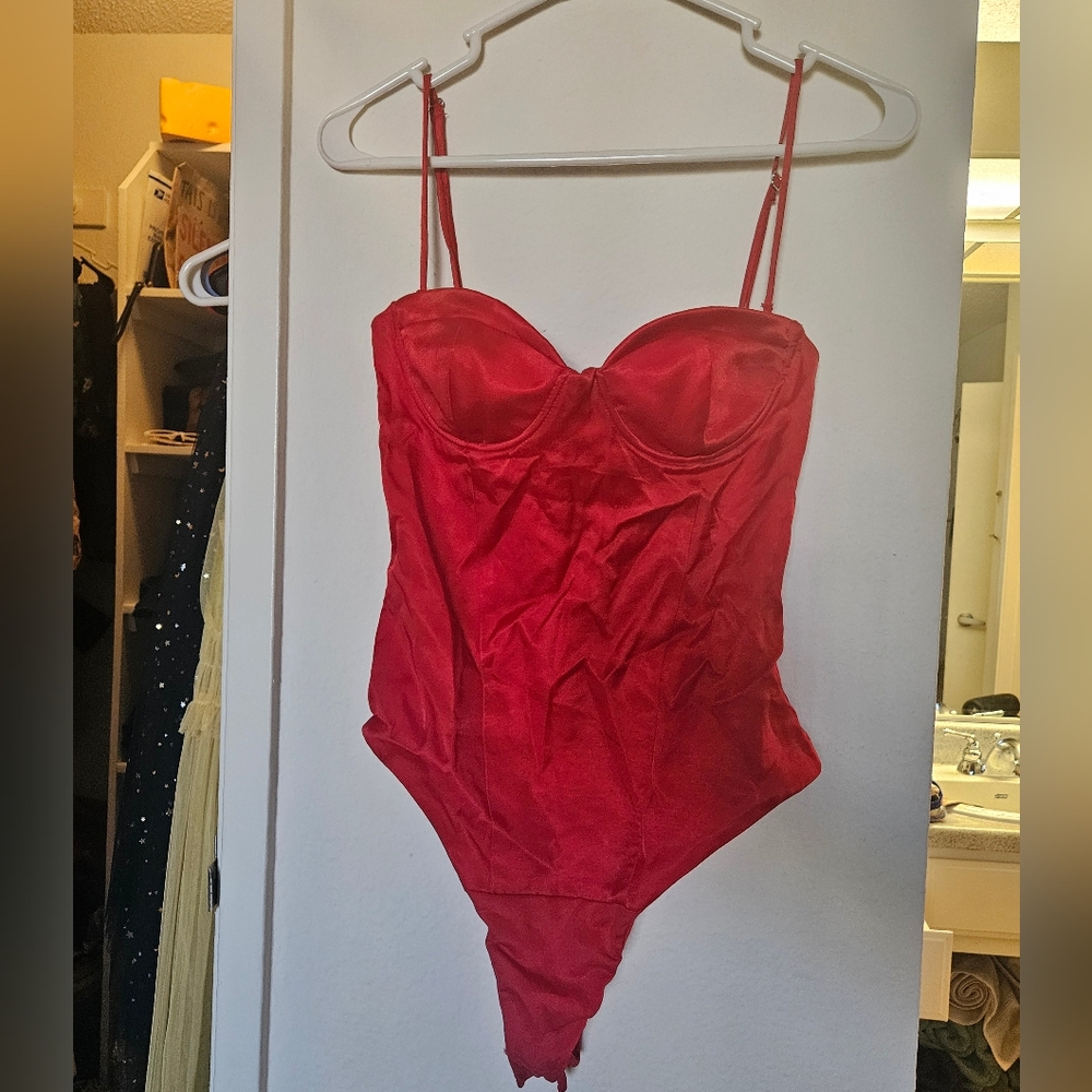 Red satin body suit